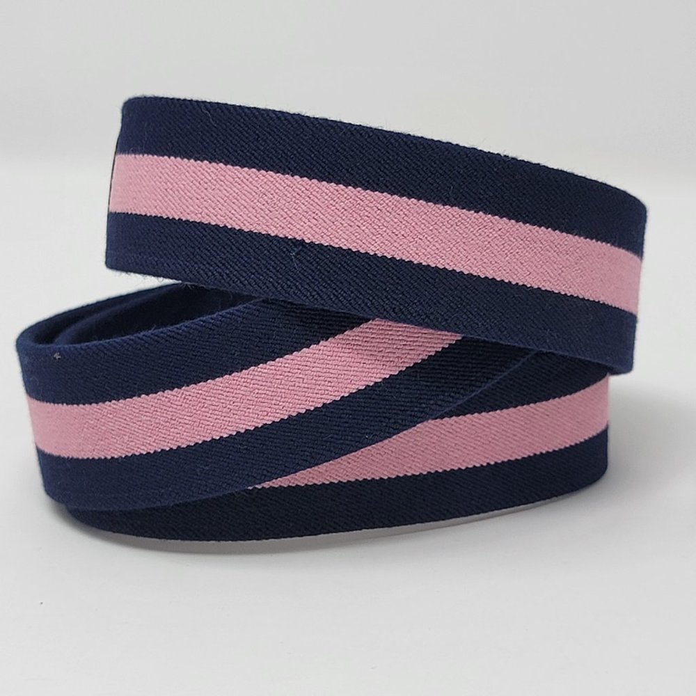 Vintage Lacoste Alligator Navy Blue and Pink Stripe Elastic Leather Belt - Picture 4 of 12
